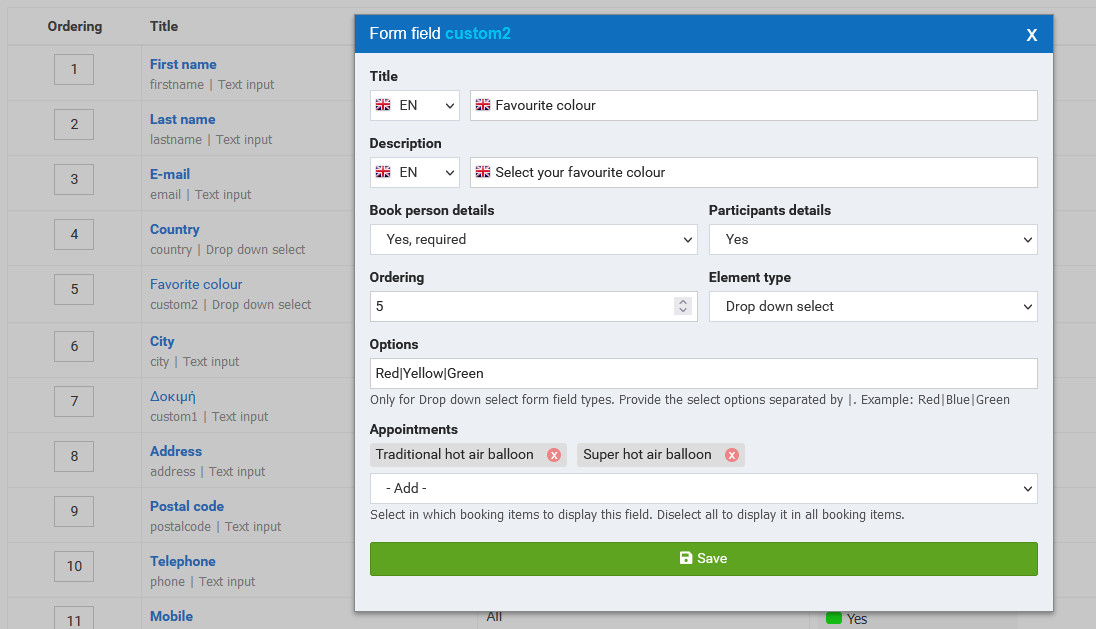 Manage booking form fields - IOS AERO 1.3