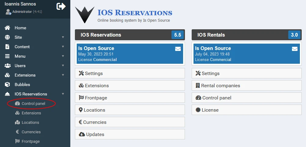 Ο πίνακας ελέγχου του IOS Reservations με εγκατεστημένο το IOS Rentals