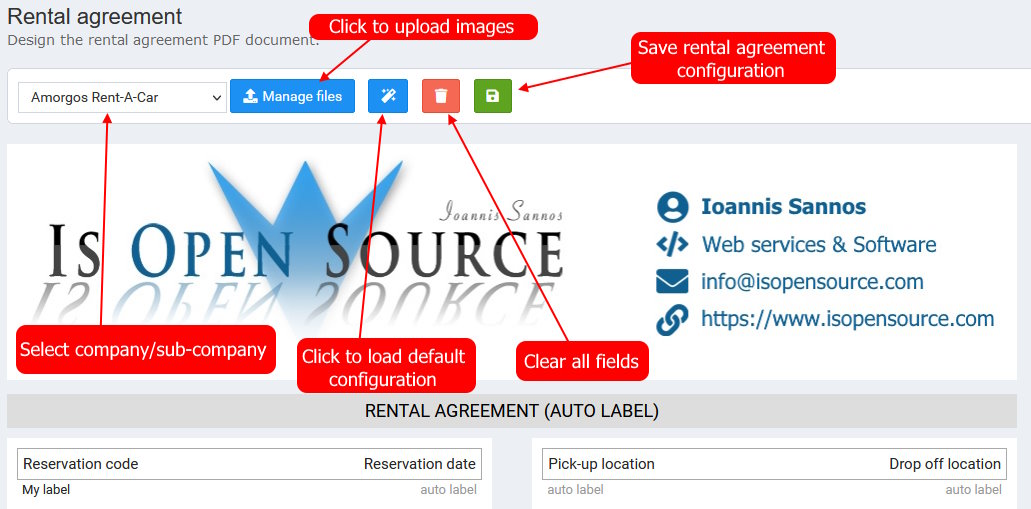 Rental agreement configuration: Top buttons